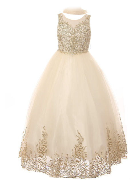 Little Girls Champagne Rhinestone Embroidered Full Length Formal Dress Dress 4-6 - SophiasStyle.com